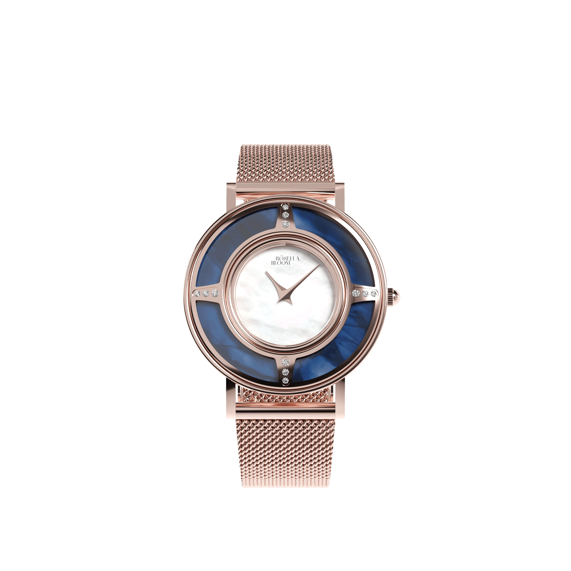 Rosella Bloom Rose Gold mesh watch with blue deco ring