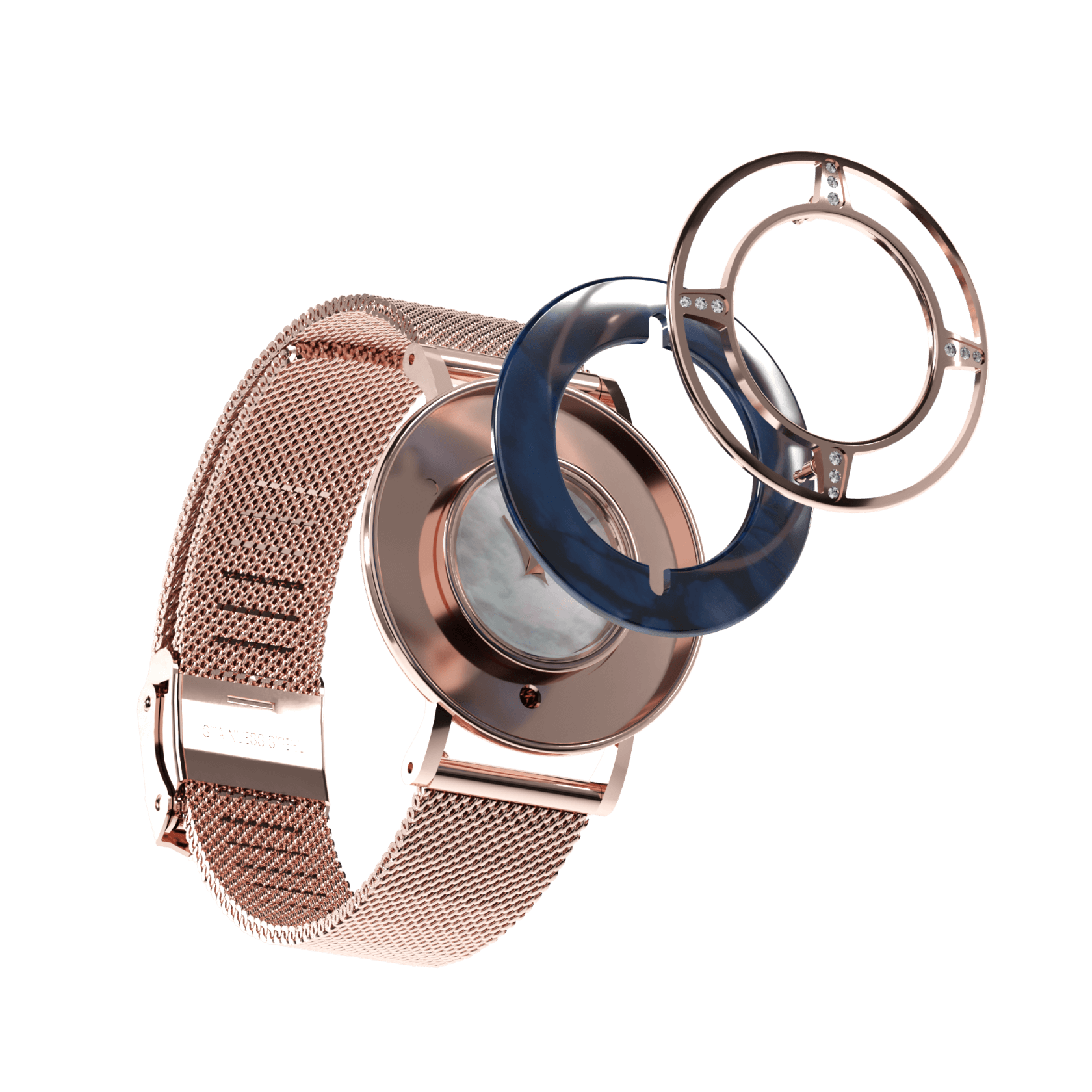 Rosella Bloom rose gold mesh watch with blue deco ring and bezel separated from watch face