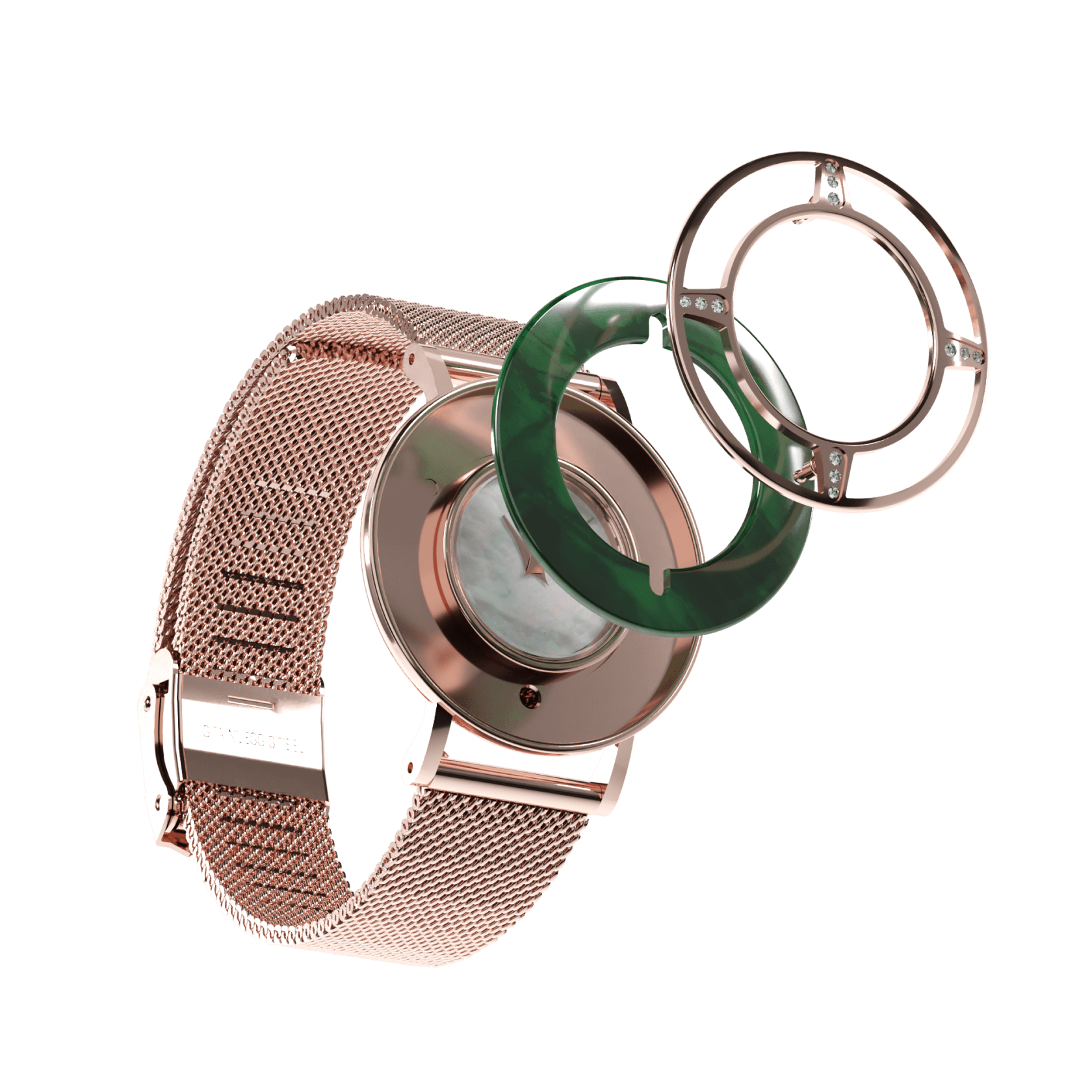 Rosella Bloom rose gold mesh watch with green deco ring and bezel separated from watch face